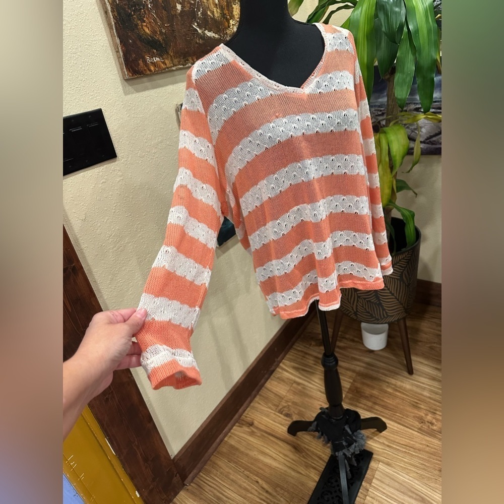 EUC UMGEE light sweater v neck orange white stripes long sleeve Sz M - Picture 4 of 11